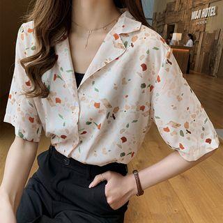 Elbow Sleeve V-neck Printed Blouse
