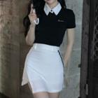 Contrast Collar Cropped Polo Shirt / Mini Pencil Skirt