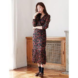 Wrap-front Gathered-waist Floral Long Dress