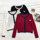 Color-block Trim Single-breasted Cable-knit Long-sleeve Knit Top