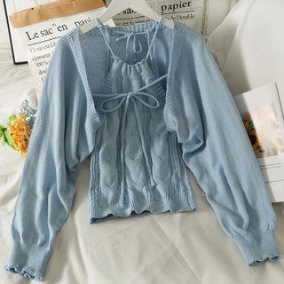 Set: Halter Top + Dolman-sleeve Knit Cape Top Blue - One Size