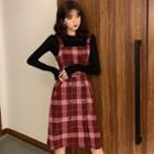 Crew-neck Long-sleeve Knit Top / Plaid Double-breasted Pinafore Dress / Plaid Cropped Button Coat