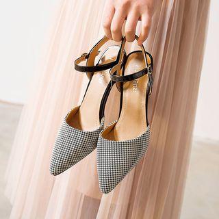 Plaid Pointed-toe Kitten-heel Slingback Sandals