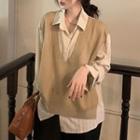 Mock Two-piece Knit Panel Shirt Almond - One Size