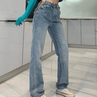 Mid Rise Straight Leg Chained Jeans