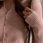 Open-placket Ribbed Cardigan Pink - One Size