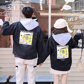 Couple Matching Hooded Printed Denim Jacket