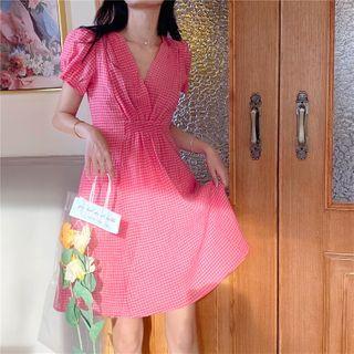 Gingham Short-sleeve V-neck A-line Dress Plaid - Pink - One Size