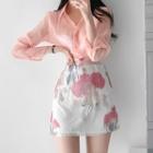 Sheer Shirt / Floral Print Mini Skirt