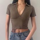 Short-sleeve Collared V-neck Crop Top