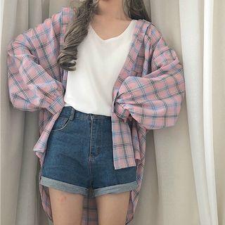 Long-sleeve Plaid Shirt / Chiffon Tank Top
