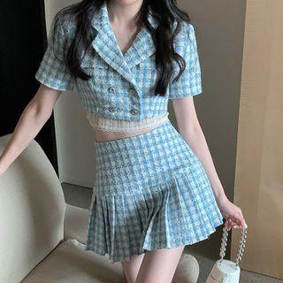 Short-sleeve Tweed Jacket / Mini A-line Pleated Skirt