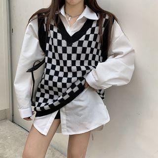 Plain Shirt / Checkered Sweater Vest