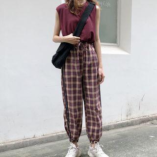 Plain Tank Top / Plaid Jogger Pants