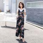 Short-sleeve Plain T-shirt / Lace Trim Floral Jumper Pants