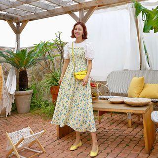 Smocked-panel Floral Print Color-block Dress