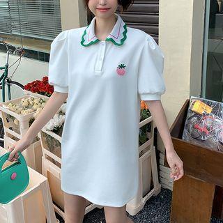Puff-sleeve Pineapple Embroidered A-line Polo Dress