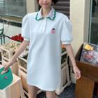 Puff-sleeve Pineapple Embroidered A-line Polo Dress