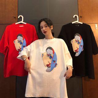Elbow-sleeve Face Print Oversized T-shirt