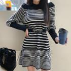Belted Puff-sleeve Stripe Knit Minidress Black - One Size