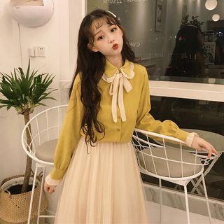 Ribbon-neckline Ruffled-trim Plain Shirt