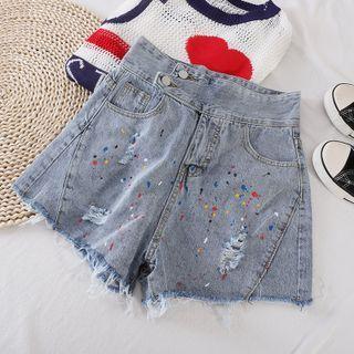 High-waist Print Fray-trim Denim Shorts