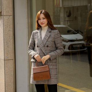 Double-breasted Checked Wool Blend Longline Blazer