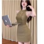 Sleeveless Cutout Knit Dress Khaki - One Size