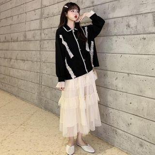 Ruffle Trim Long-sleeve Blouse / Mesh Tiered Midi A-line Skirt