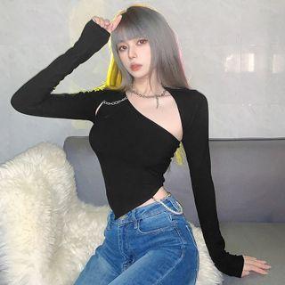 Set: Long-sleeve Crop Top + One-shoulder Asymmetrical Crop Tank Top