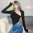 Set: Long-sleeve Crop Top + One-shoulder Asymmetrical Crop Tank Top