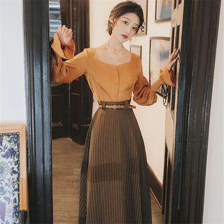 Square-neck Blouse / Striped Midi A-line Skirt