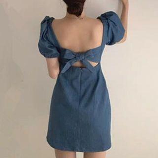 Puff-sleeve Bow-back A-line Denim Dress