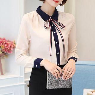 Tie Neck Contrast-trim Blouse