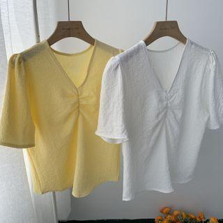 Short-sleeve Shirred V-neck Blouse