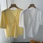 Short-sleeve Shirred V-neck Blouse