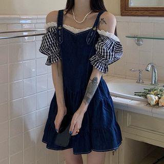 Short-sleeve Gingham Off-shoulder Blouse / Denim Mini Overall Dress