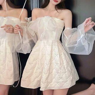 Set: Strapless Bow Mini A-line Dress + Arm Sleeves