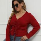 Plus Size Long-sleeve V-neck Drawstring T-shirt