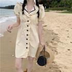 Puff-sleeve Ruffle Trim Button Dress