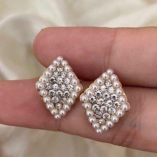 Faux Pearl Rhinestone Rhombus Earring