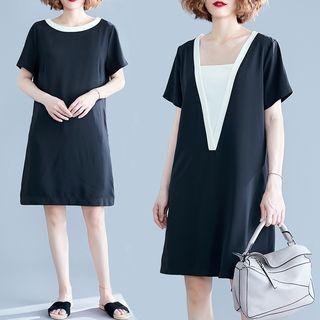 Short-sleeve Contrast-color Panel Dress