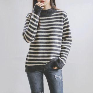 Mock-neck Stripe Wool Blend Knit Top