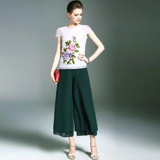 Set: Floral Embroidered Short-sleeve Top + Wide Leg Pants