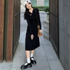 Long-sleeve Bow Knit Midi A-line Dress Black - One Size