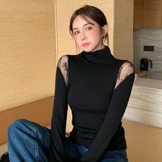 Lace Turtle-neck Long-sleeve Slim-fit Knit Top Black - One Size