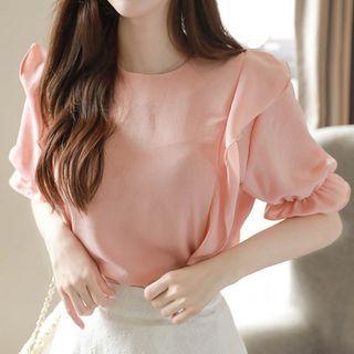 Round-neck Puff-sleeve Ruffled Blouse