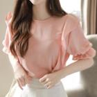 Round-neck Puff-sleeve Ruffled Blouse