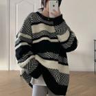 Crewneck Contrast Patterned Loose-fit Fleece Lined Sweater Stripe - One Size