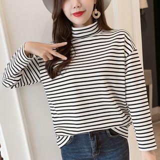 Plus Size Cowl-neck Long Sleeve Striped Top